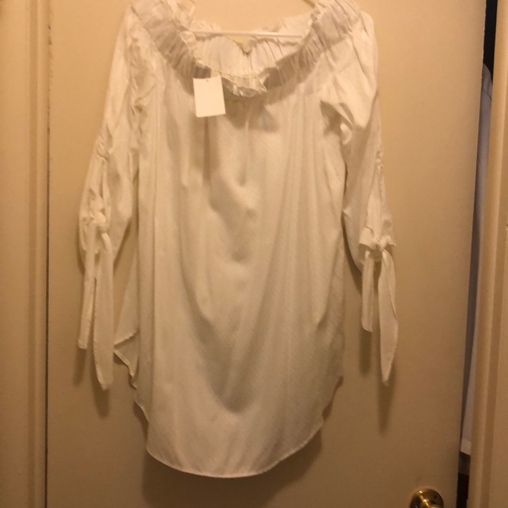 Off the shoulder peasant top arm ties on sleeves